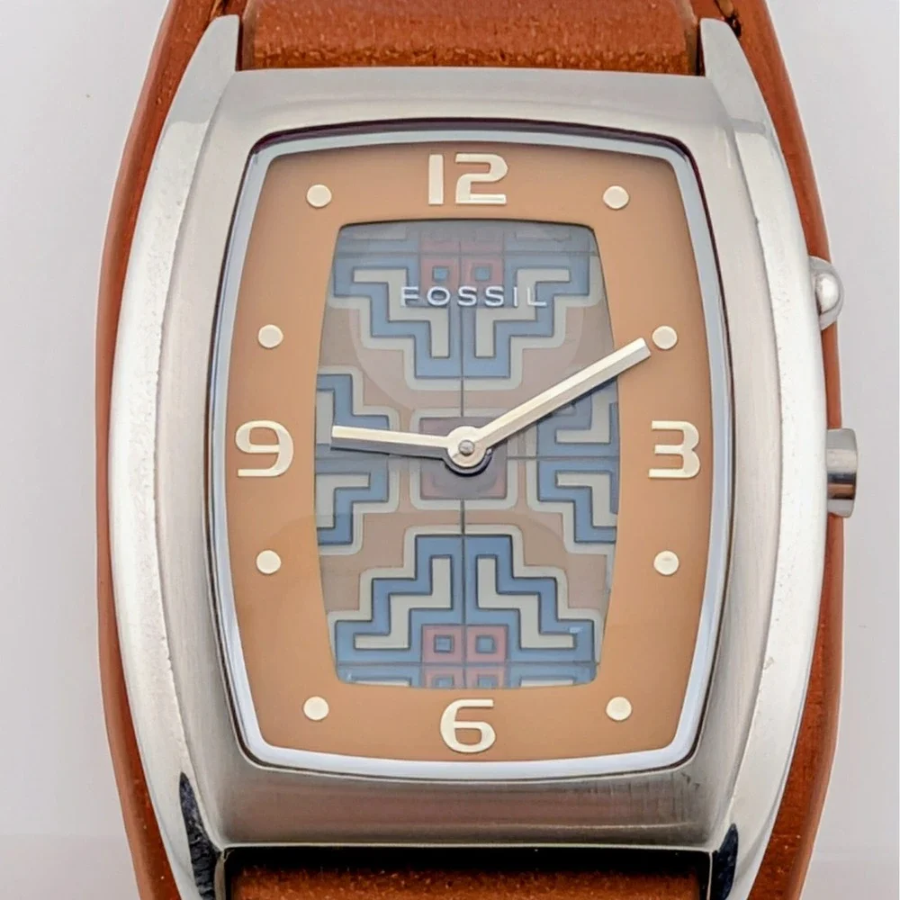 Fossil JR-8185 Y2K Flip Dial Unisex Cuff Watch Tan Leather Retro Futuristic 30mm